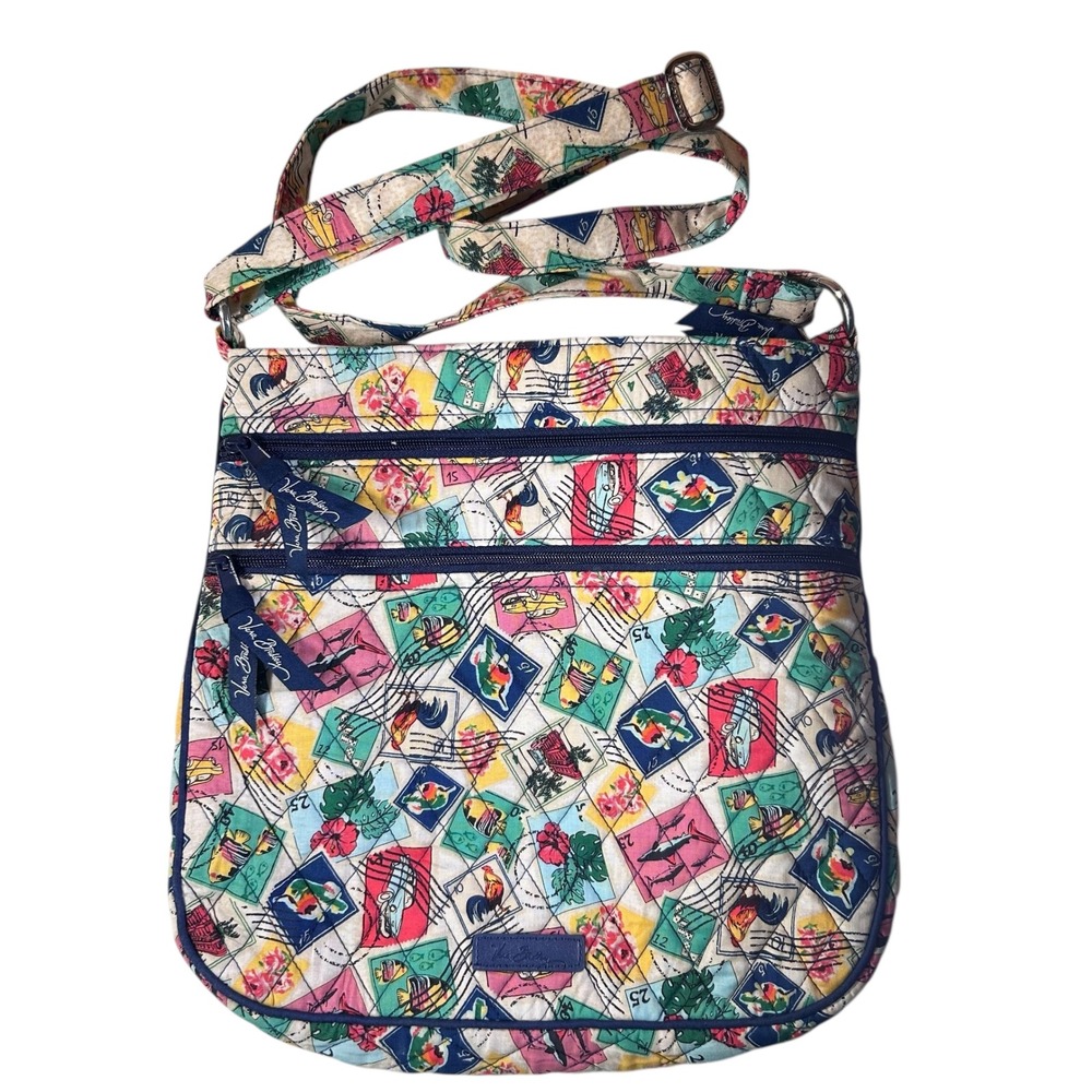 Veraβ Bradley Quilted Crossbody Bag Cuban Stamp Print Flowers Rooster Fish Car